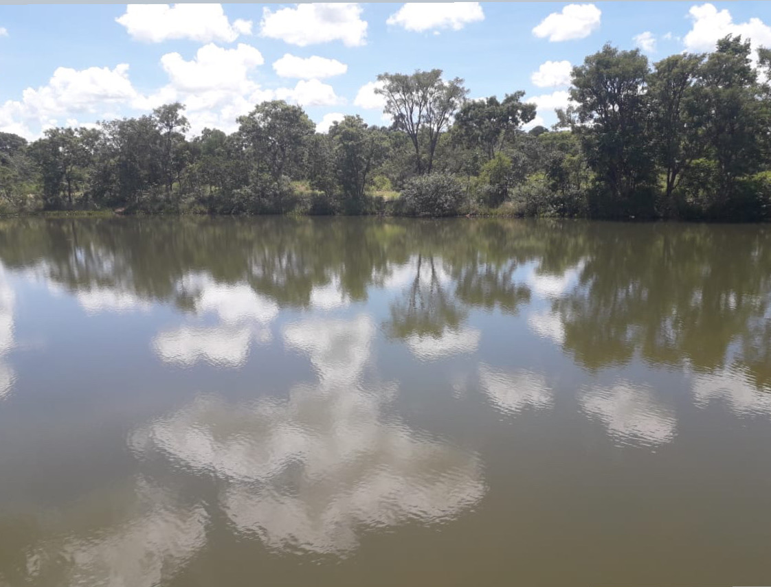 Landscape: blue sky with clouds reflecting in the lake surface  